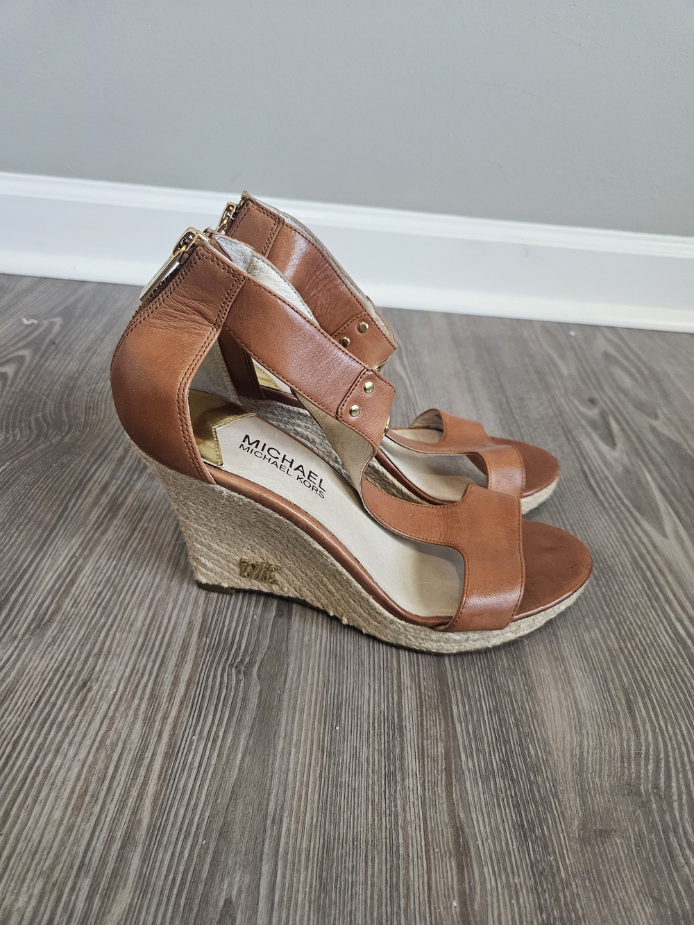 MICHAEL Michael Kors Leather Espadrille Wedge Sandals Brown 7M